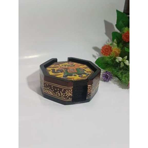 Wooden Hand-Painted Coaster Elephant Design, Artistic Table Dcor, brown