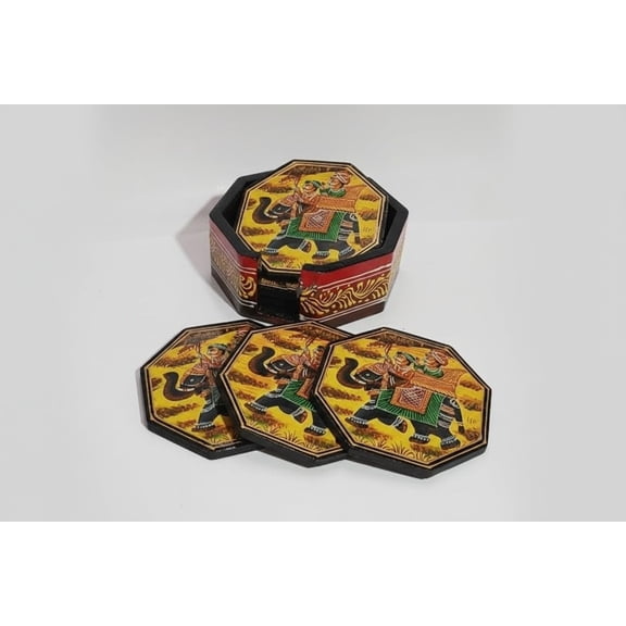 Wooden Hand-Painted Coaster Elephant Design, Artistic Table Dcor, red
