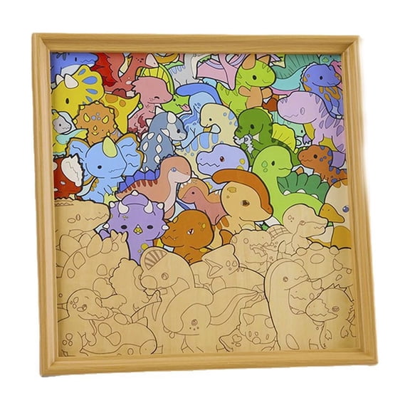 Wooden Hand Painted Dinosaur Jigsaw Puzzle Photo Frame With 12 Color Markers For Kids Craft