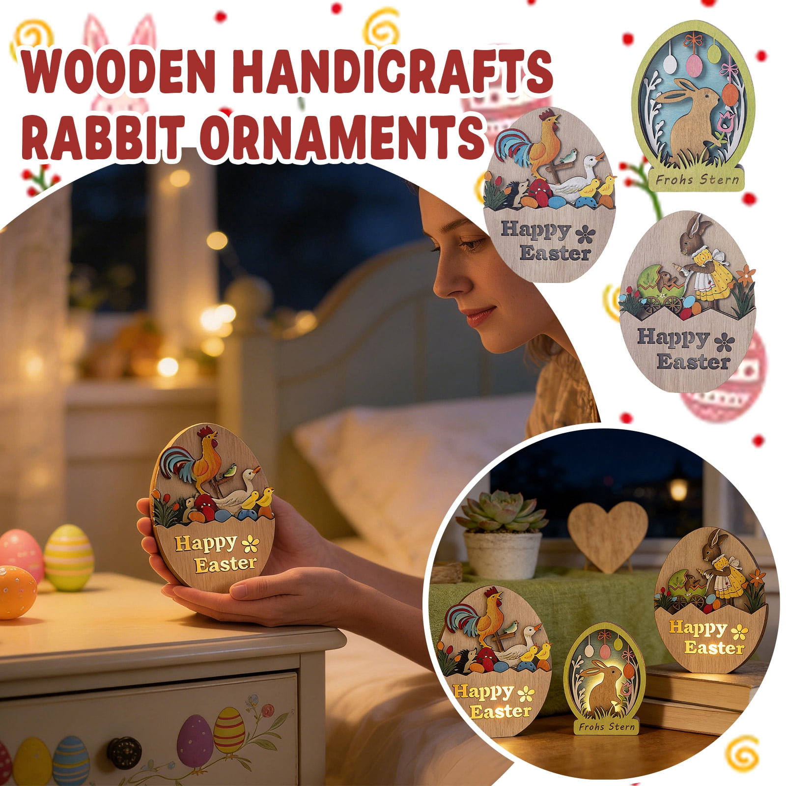 Wooden Handicrafts Led Egg - Shaped Rabbit Ornaments, 3D Wooden Texture ...
