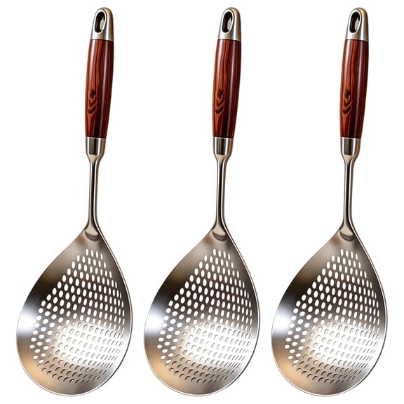 Wooden Handle 316 Stainless Steel Skimmer with Oval Drainage Matrix, 17.7 in Lengthened Rapid Oil Draining Slotted Spoon, Heavy Duty Spider Strainer Cooking Ladle Utensil