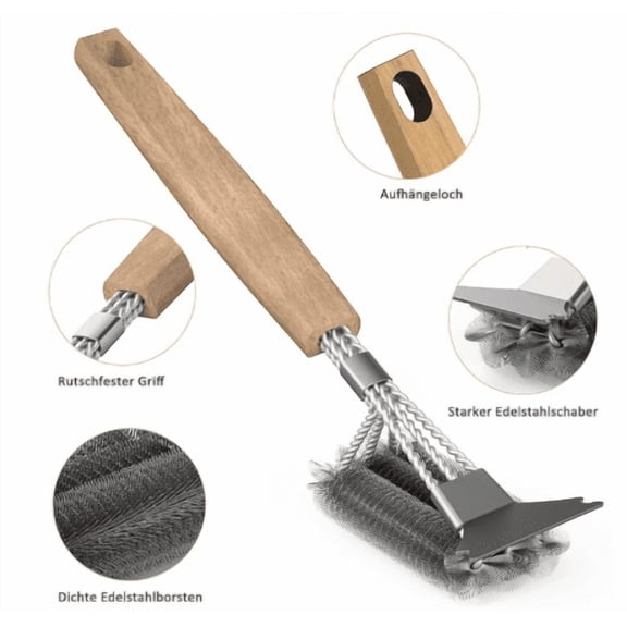 Wooden Handle BBQ Cleaning Brush Stainless Steel Wire Scraper for Outdoor Grill Grate Grease Removal