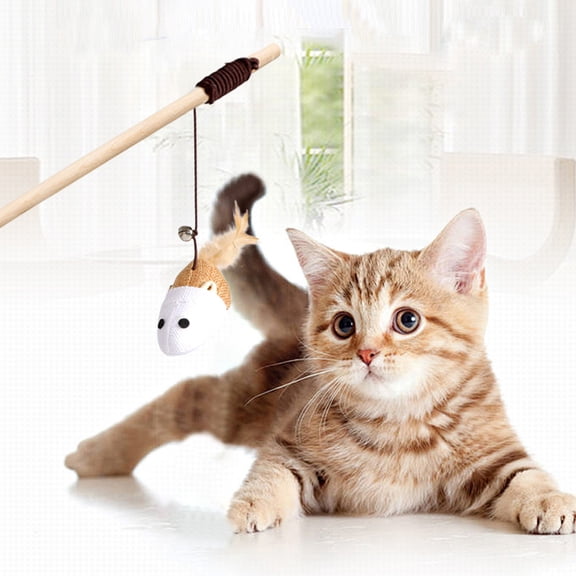 Wooden Handle Cat Teaser Toy Stick - Elastic Rope with Bell, Multicolor - Interactive Play for Cats and Kittens During Bonding