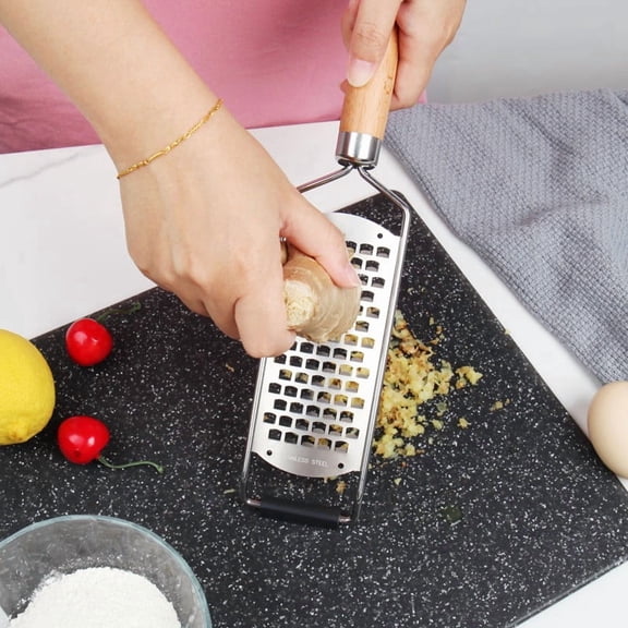 Wooden Handle Grater with Stainless Steel Blade for Cheese Lemon Ginger Vegetables - Ergonomic Kitchen Grater for Zesting Shredding Slicing - Comfortable Grip Easy Clean - Multi