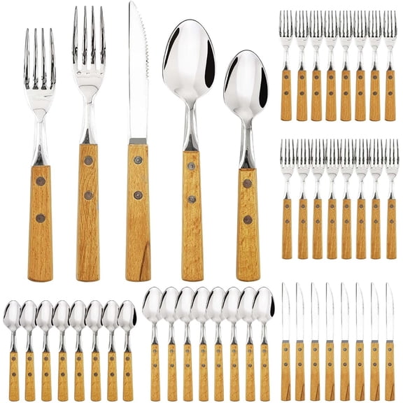 Wooden Handle Home Utensils Set,40Pcs Stainless Steel Flatware Set for 8 People,Knife Fork and Spoon Set,Premium Rosewood Handle Tableware,Silverware Set for Home,Patry
