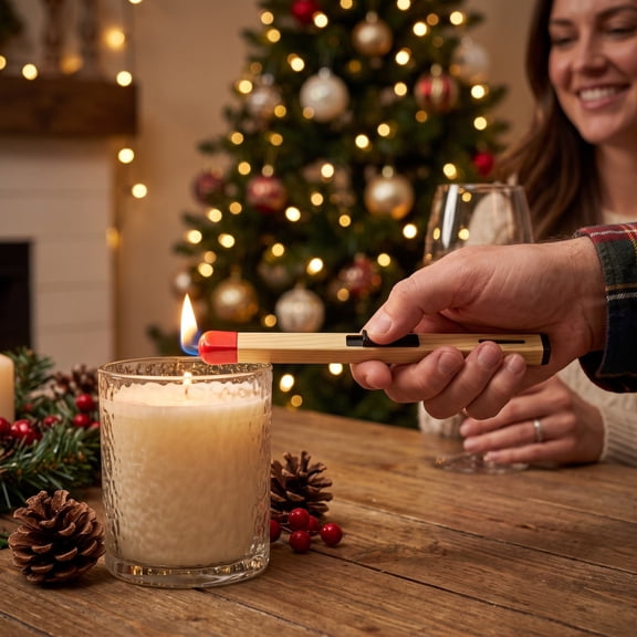 Wooden Handle Lighter, Long Match Stick with Flexible Neck and Windproof Fire Safety Lock Design, Candle Fireplace Tool for Home, Kitchen, Indoor, Outdoor
