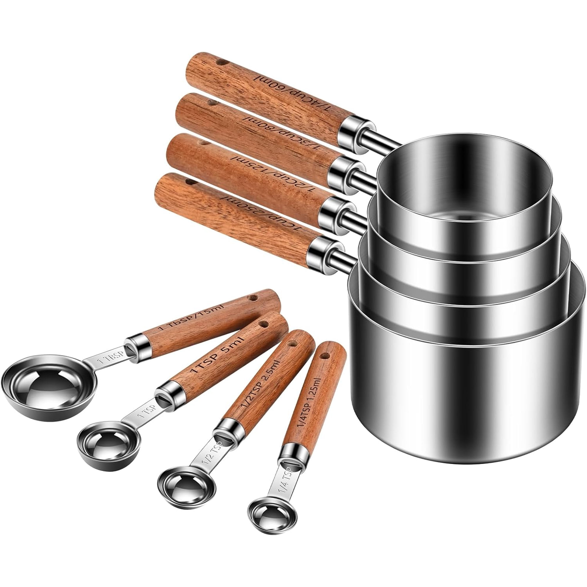 Wooden Handle Measuring Cups and Spoons Set 304 Stainless Steel Metric and US Measurements, Stackable Cups and Spoons, Fits for Measuring Dry and Liquid Ingredients