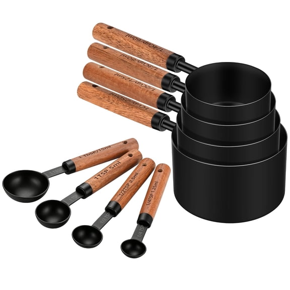 Wooden Handle Measuring Cups & Spoons Set 8-Piece – Stainless Steel, Stackable, Rustic Farmhouse Kitchen Gadgets,  Dishwasher Safe