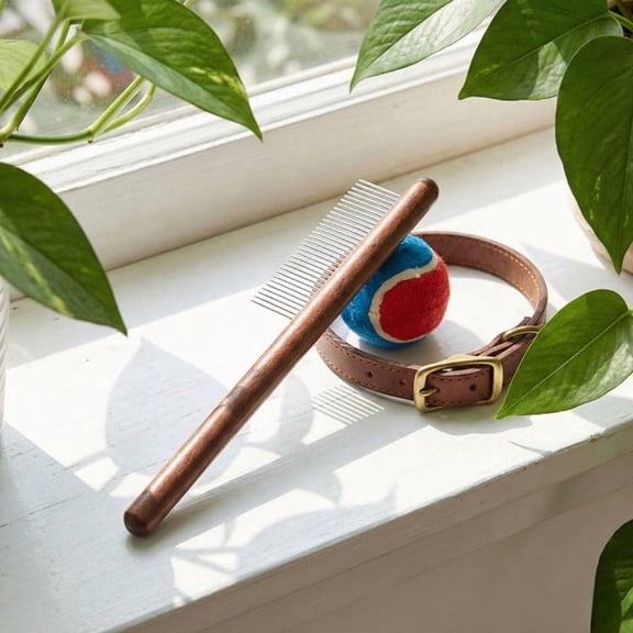 Wooden Handle Pet Grooming Comb, Stainless Steel Deshedding Tool for Dogs & Cats, Fine Tooth Massage Brush for Short or Long Hair, Flea & Tangle Remover