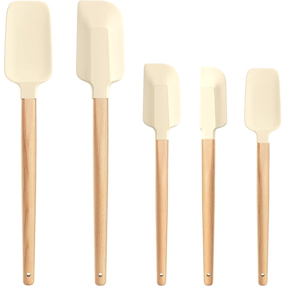 Wooden Handle Rubber Spatula Set 5 count for Kitchen Baking, Jars,Cooking, and Mixing High Non Dishwasher Safe ()