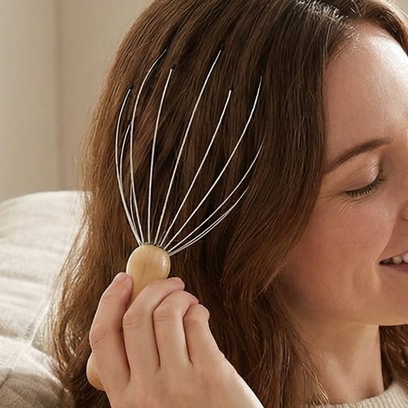 Wooden Handle Scalp Massager - Flexible Metal Prongs with Rubber Tips for Stress Relief, Relaxation and Tingling Sensation - Lightweight Head Massager for Home, Office and Travel Use