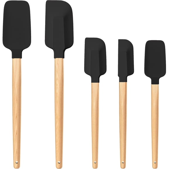 Wooden Handle Silicone Rubber Spatula Set 5 Piece for Kitchen Baking, Jars,Cooking, and Mixing High Heat Resistant Non Stick Dishwasher Safe BPA-Free (Black)