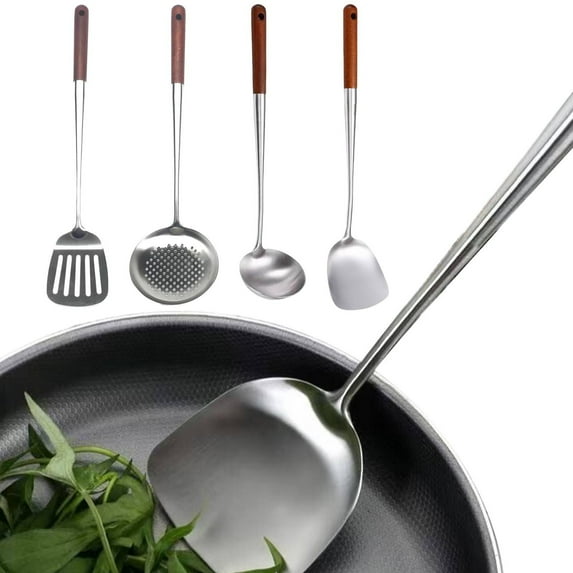 Wooden Handle Spatula Basdi Extended Wooden Handle Spatula - Stainless Steel Kitchen Utensil Set for Frying and Serving | Heat-Resistant, Non-Scratch, Essential for Home Cooking and Grilling, C