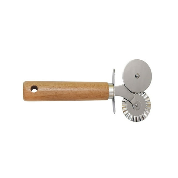 Wooden Handle Stainless Steel Pizza Cutter Double Head Roller Wheel Pizza Wafer Slicer Lace Straight Blade Tool Stainless Steel Material