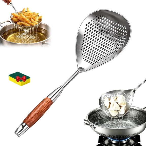 Wooden Handle Stainless Steel Skimmer - 16 Inch Long Handle Spider Strainer for Deep Frying, Boiling and Draining