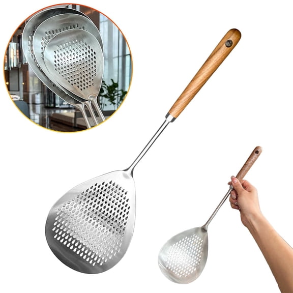Wooden Handle Stainless Steel Skimmer 17.2x5.8in – Long Heat-Resistant Slotted Spoon for Deep Frying, Cooking, Hot Pot & Spider Strainer