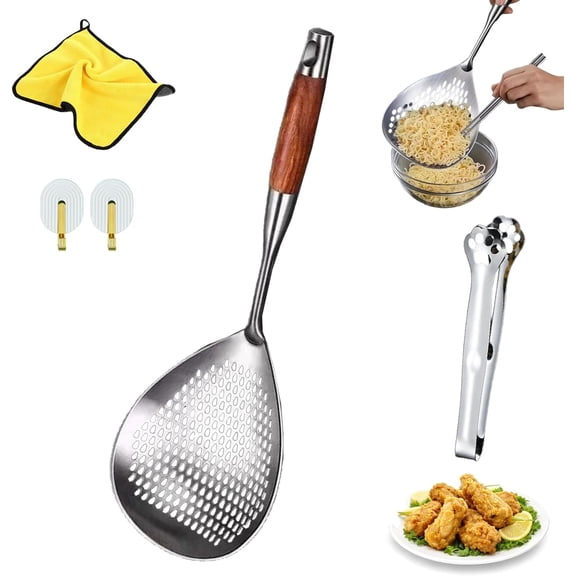 Wooden Handle Stainless Steel Skimmer, 17.7 Inch Long Handle Stainless Steel Slotted Spoon, Deep Fryer Scoop for Kitchen Pasta Noodles Dumplings Wonton Hot Camping Pot(1PC)