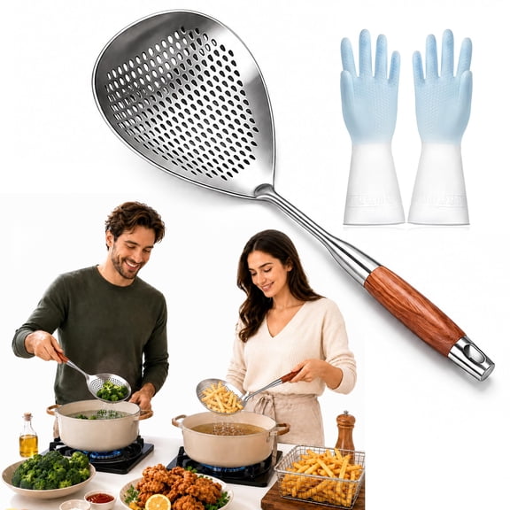 Wooden Handle Stainless Steel Skimmer, Heat-Resistant Long Handle Spider Strainer for Deep Frying Boiling Oil Draining