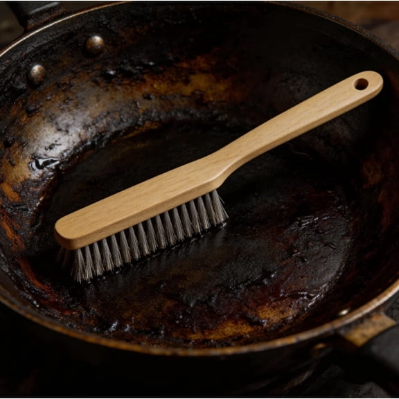 Wooden Handle Stainless Steel Wire Brush Heavy Duty Scrubber For Cast Iron Skillet Grill Pan Ceramic Cookware Rust And Grime Removal 13.8 Inches