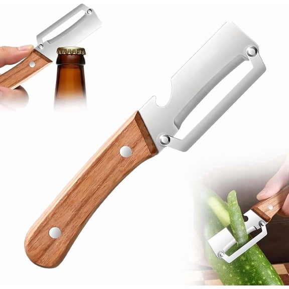 Wooden Handle 2-in-1 Vegetable Peeler, Stainless Steel Kitchen Tool with Bottle Opener