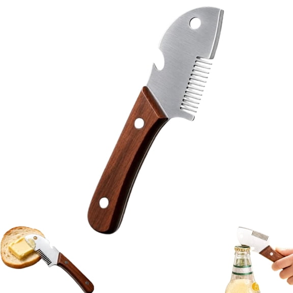 Wooden Handled Household Scallion Slicer, 2026 New Multi-Functional Butter Knife Premium Stainless Steel Blade, 3-1 Built-in Bottle Opener, Spreader & Shredder for Bread, Toast