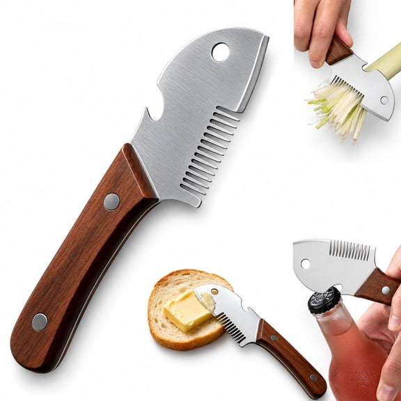 Wooden Handled Household Scallion Slicer -Premium Stainless Steel Blade with Bottle Opener, Spreader & Shredder for Bread Toast