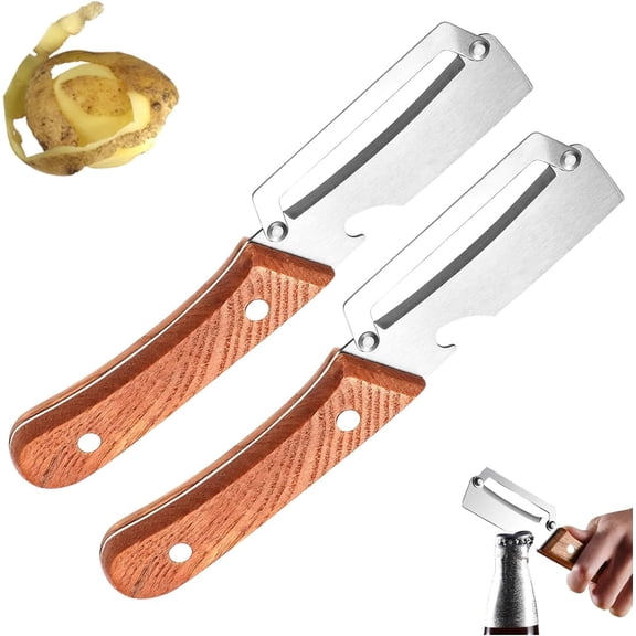 Wooden-Handled Stainless Steel Shredder and Peeler, 2026 New Multifunctional Vegetable Peeler, Roselli Shredding Knife, Vegetable Peeler for Potato, Carrot, Apple (2PCS Paring knife)
