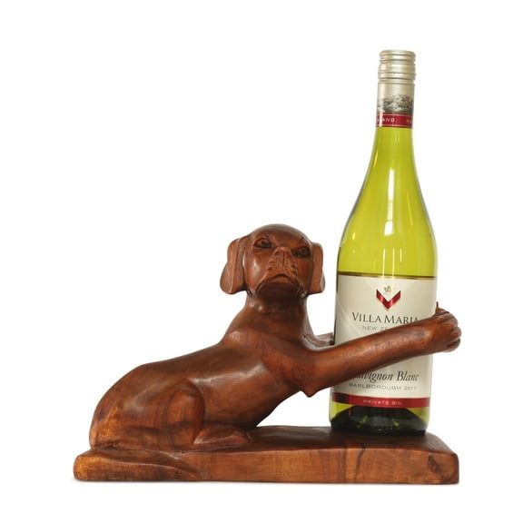 Wooden Handmade Dog Wine Bottle Holder Free Standing Wood Rustic Hand Carved Home Decor Accent Decoration Gift Bar Art Handcrafted Artwork Wine Rack