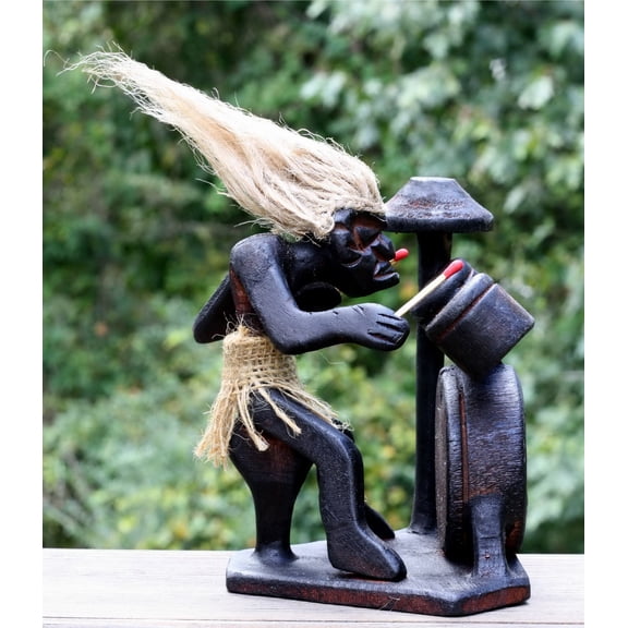 Wooden Handmade Primitive Tribal with Drum Kit Funny Statue Sculpture Tiki Bar Drummer Handcrafted Gift Home Decor Figurine Hand Carved