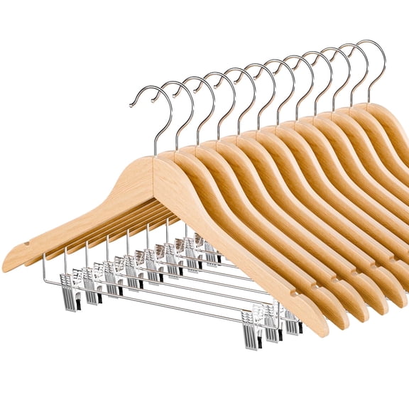 Wooden Hanger with Clips 12 Pack : Askmuse Natural Coat Hanger for Closet, Wooden Clothing Hanger with Shoulder Grooves, 360 Degree Rotatable Hook, Wood Hanger for Shirts, Jackets, Dress, Pant