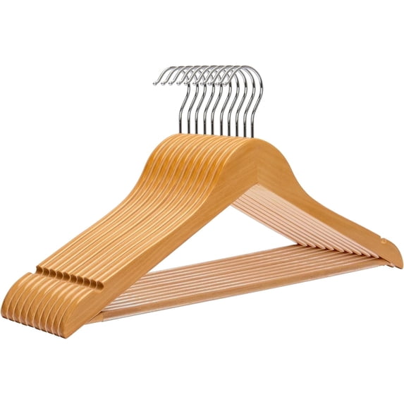 Premium 10-Pack Wood Clothes Hangers - Slim Rotatable Hooks with Shoulder Grooves, Natural Finish