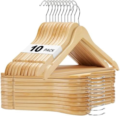 Wooden Hangers 10 Pack, Solid Wood Hanger with Non Slip Pant Bar, Heavy Duty Wooden Coat Hanger for Closet, Smooth Finish Wood Clothes Hangers for Shirts, Suits, Jackets, Dress, Natural