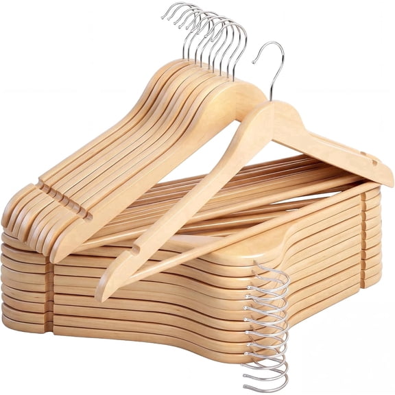 StorageWorks Wooden Hangers 20-Pack, Heavy Duty Solid Wood Coat Hangers with 360 ° Swivel Hook, Non-Slip Pant Bar, Smooth Finish Clothes Hangers, Natural