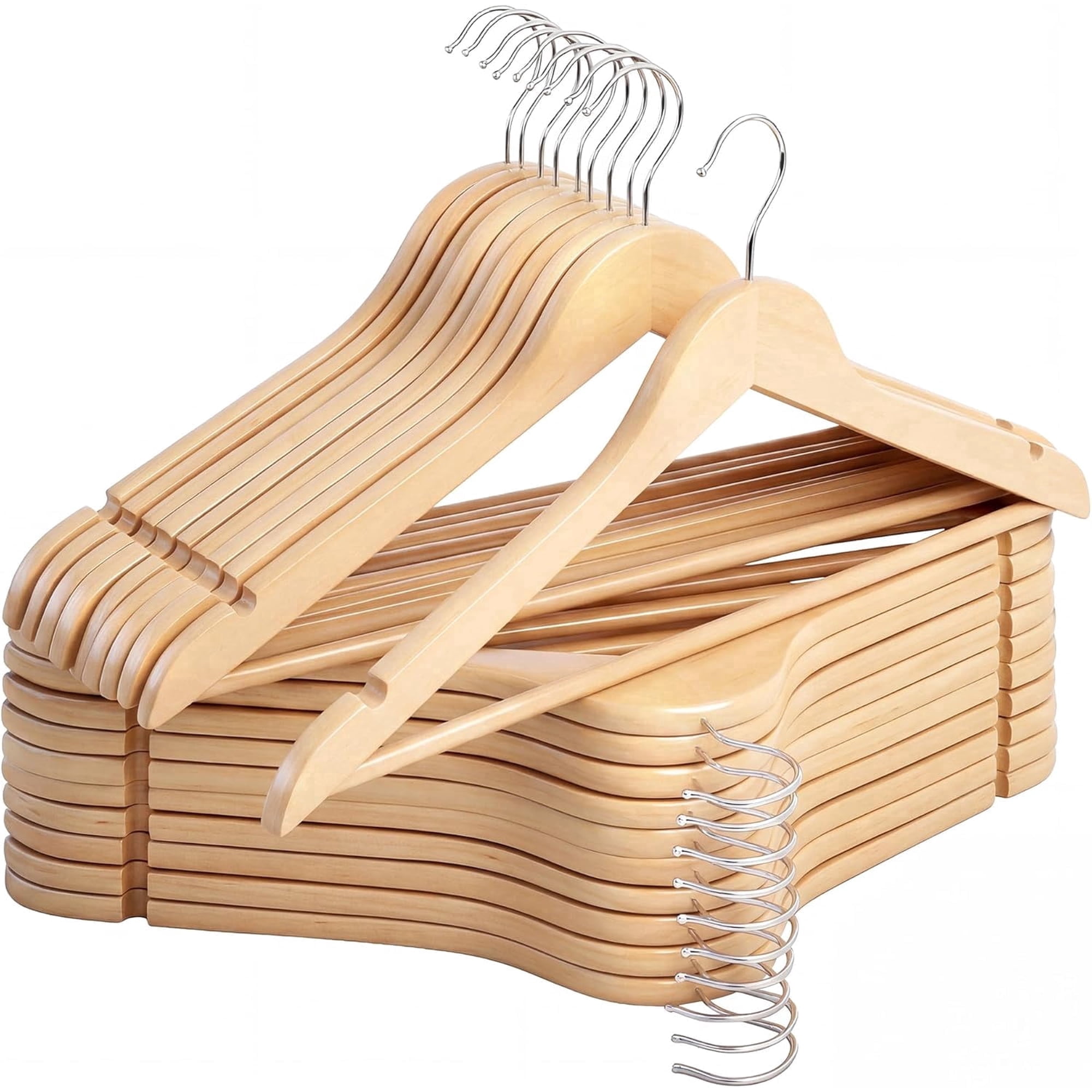 StorageWorks Wooden Hangers 20-Pack, Heavy Duty Solid Wood Coat Hangers with 360 ° Swivel Hook, Non-Slip Pant Bar, Smooth Finish Clothes Hangers, Natural