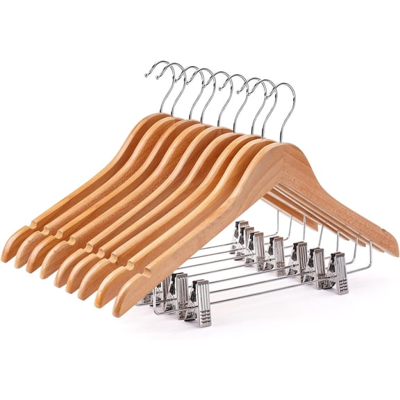 Wooden Hangers with Clips 12 PCS Pants Clips,Smooth Solid Hanger,360 Swivel Hooks & Adjustable Clips,for Jeans,Skirt,Suit,Shorts,Scarf