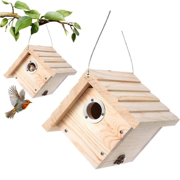 Wooden Hanging Bird House, Outdoor Weatherproof Nesting Box for Wrens, Sparrows and Small Birds, Natural Wood Garden Decor