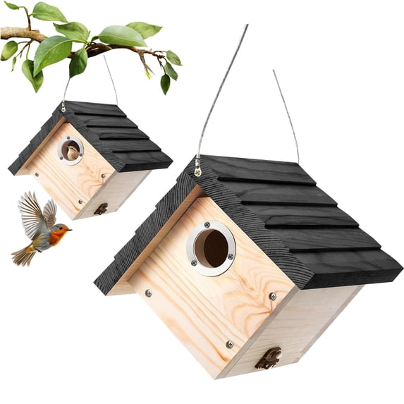 Wooden Hanging Bird House, Outdoor Weatherproof Nesting Box for Wrens, Sparrows and Small Birds, Natural Wood Garden Decor
