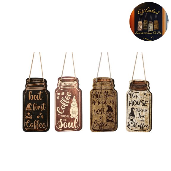 Wooden Hanging Board, Kitchen Wall Art Decor, 4 Pack Retro Coffee Letter Sign