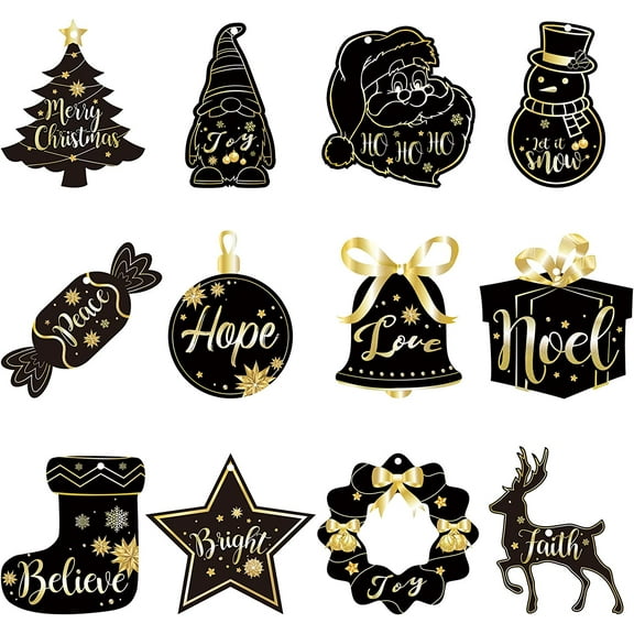 Wooden Hanging Christmas Ornaments, 24-Pack, Black and Gold, Tree Decor with Boot, Santa, Snowman Designs for Winter Celebrations