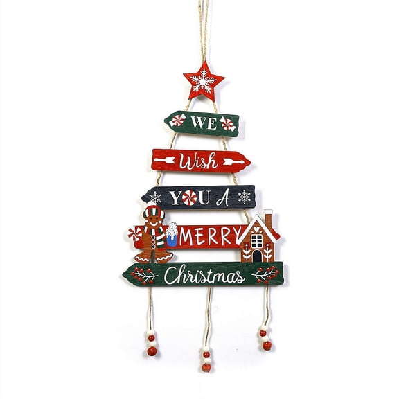 Wooden Hanging Christmas Tree Wall Pendant Decor, Tree Hanging Merry Christmas Sign for Xmas Tree Window Door Outdoor Indoor