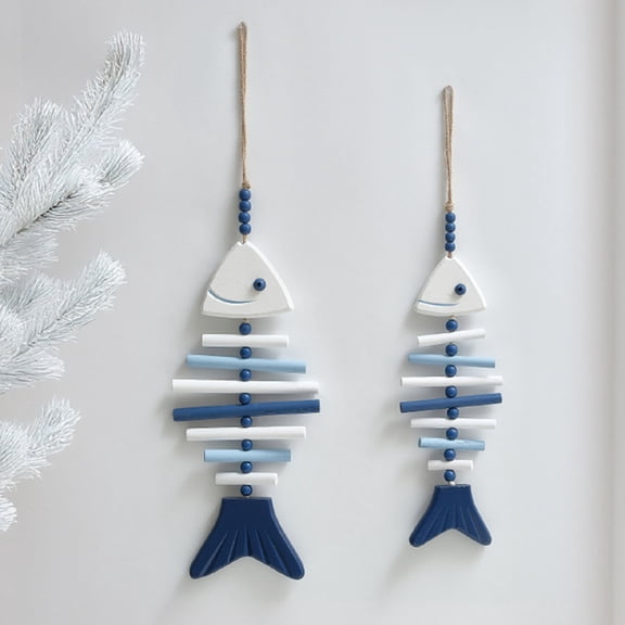 Wooden Hanging Fish Bone Decor Handmade Fish Skeleton Wall Art with Hemp Rope And Beads for Nautical Beach Theme Lake House Room Decor