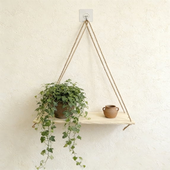 Wooden Hanging Shelf - Rope Swaying Floating Design, Rustic Wall Decor, Space-saving Storage for Living Room and Bedroom