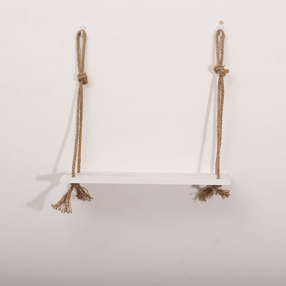 Wooden Hanging Shelf Swing Rope Floating Shelves 1 Tier Jute Rope Wall