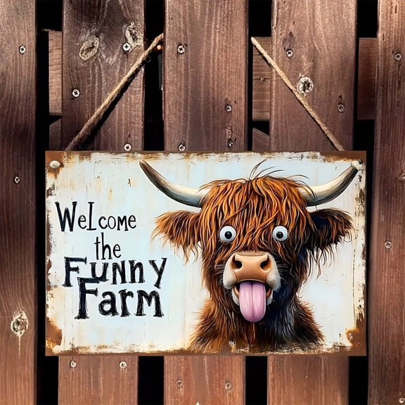 Wooden Hanging Sign, Funny Highland Cow Farm Decor, 7.87 Inch Rustic Wall Plaque with Rope, Distressed Country Style Door Hanger for Home, Barn, Garden