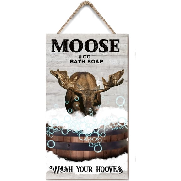 Wooden Hanging Sign Moose Bath Soap Vintage Wall Art Moose Lovers Gift Rustic Wooden Wall Decor for Home Office Cafes Bars Funny Bathroom Decor Shabby Signs 6x12 Inches