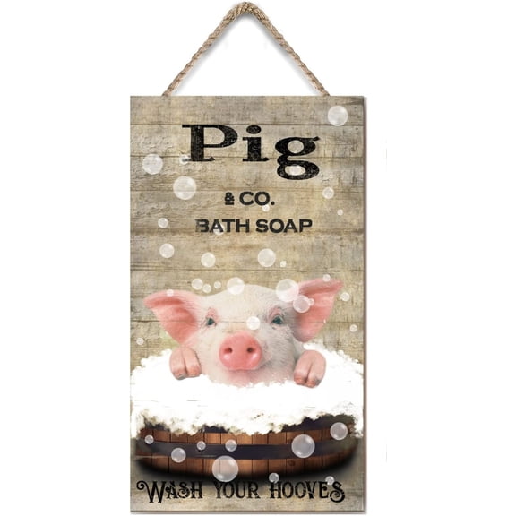 Wooden Hanging Sign Pig Bath Soap Vintage Wall Art Pig Lovers Gift Rustic Wood Wall Decor for Home Office Cafes Bars Funny Bathroom Decor Shabby Signs 6x12 Inches
