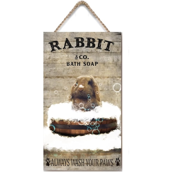 Wooden Hanging Sign Rabbit Bath Soap Vintage Wall Art Rabbit Lovers Gift Rustic Shabby Chic Vintage Decor Sign for Home Office Cafes Bars 6x12 Inches