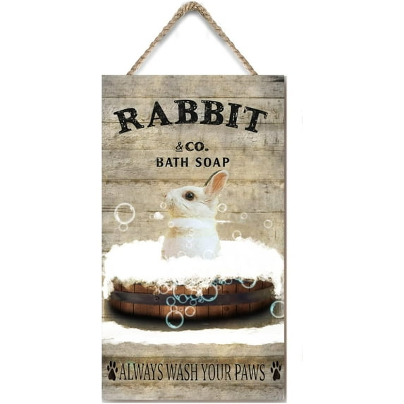 Wooden Hanging Sign Rabbit Bath Soap Vintage Wall Art Rabbit Lovers Gift Rustic Wooden Wall Decor for Toilet Restroom Funny Bathroom Decor Shabby Signs 6x12 Inches