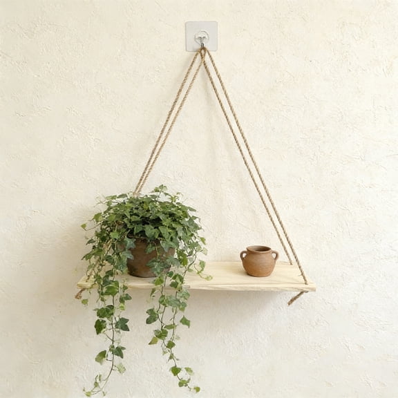 Wooden Hanging Wall Shelf Rope Floating Display Shelf for Home Storage and Decor