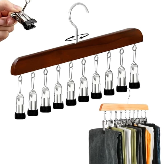 Wooden Hat Hanger Closet Organizer, 2026 Upgraded Wooden Rotating Pants Hanger, Closet Organizer with 10 Clips - Space Saving Hanging Clothes Legging Wardrobe Organizer